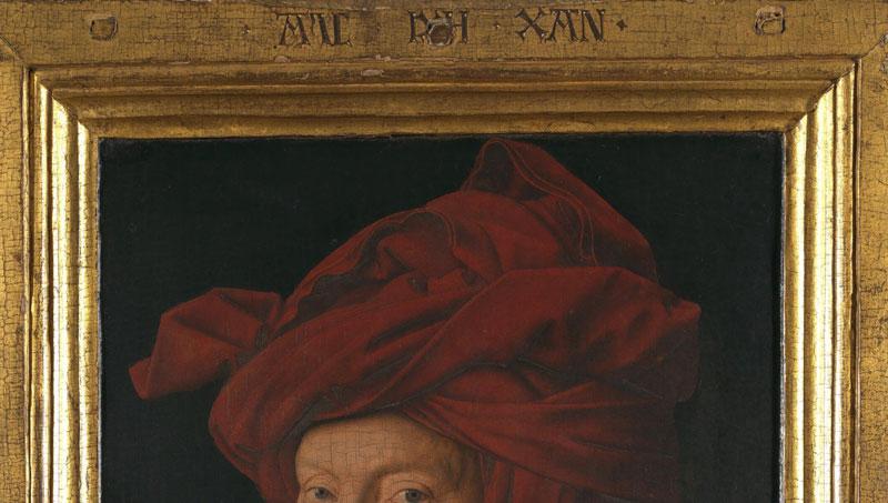 Jan van Eyck, Προσωπογραφία ή Αυτοπροσωπογραφία (τμήμα) και επιγραφή Als Ich Can, The National Gallery, Λονδίνο.
