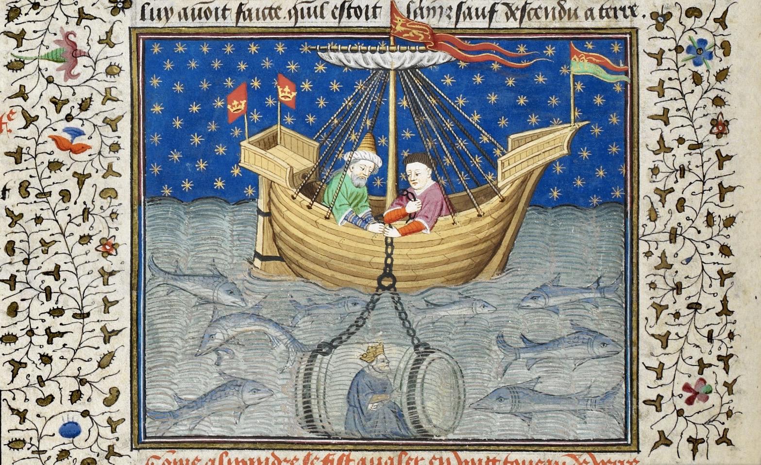 [Διήγησις Αλεξάνδρου, Πώς ο Αλέξανδρος εμπήκεν εις την θάλασσαν], Le livre de la conqueste du roy Alixandre, BL Royal MS 15 E VI/Talbot Shrewsbury Book, British Library, Λονδίνο.