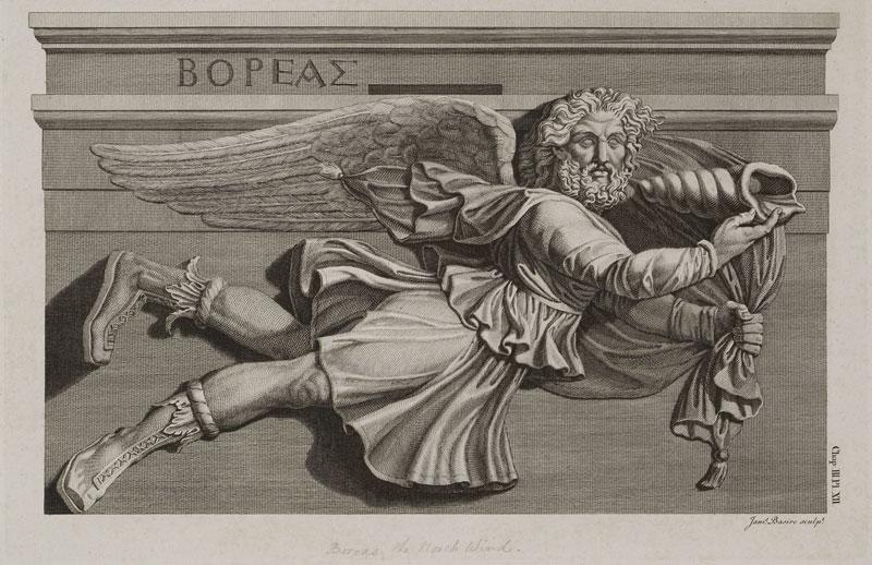Ο Βορέας στο Ωρολόγιο του Ανδρονίκου Κυρρήστου, χαρακτικό στην έκδοση: James Stuart, Nicholas Revett, The Antiquities of Athens, Λονδίνο 1762
