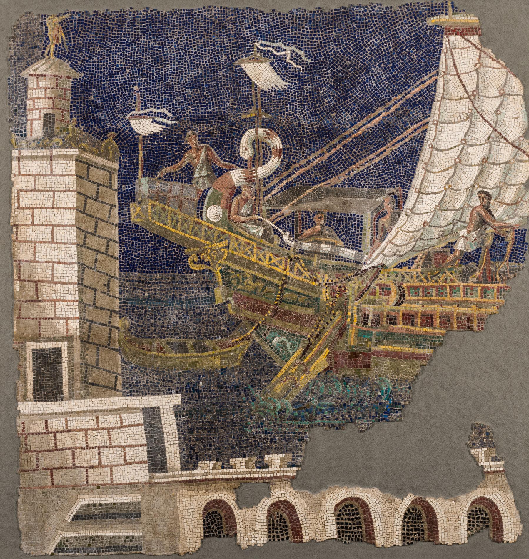 Πλοίο στο λιμάνι της Ostia, ψηφιδωτό από την οικία του T. Claudius Claudianus στον Κυρηνάλιο, Musei Capitolini, Antiquarium, Ρώμη.