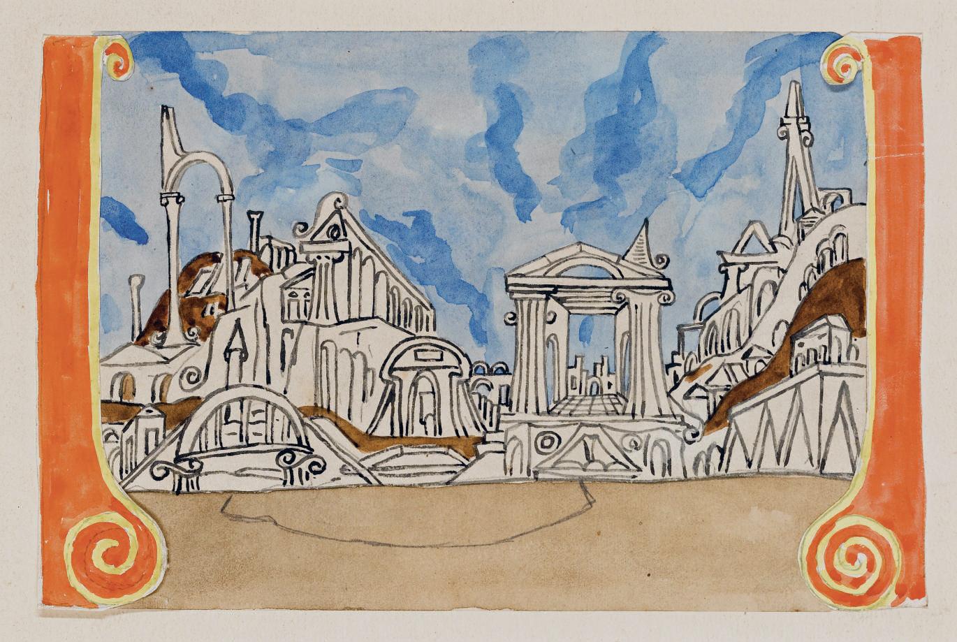 Giorgio de Chirico, Σχέδιο σκηνικού για το μελόδραμα «Αμφίων» των Arthur Honegger και Paul Valéry, Ιδιωτική συλλογή.