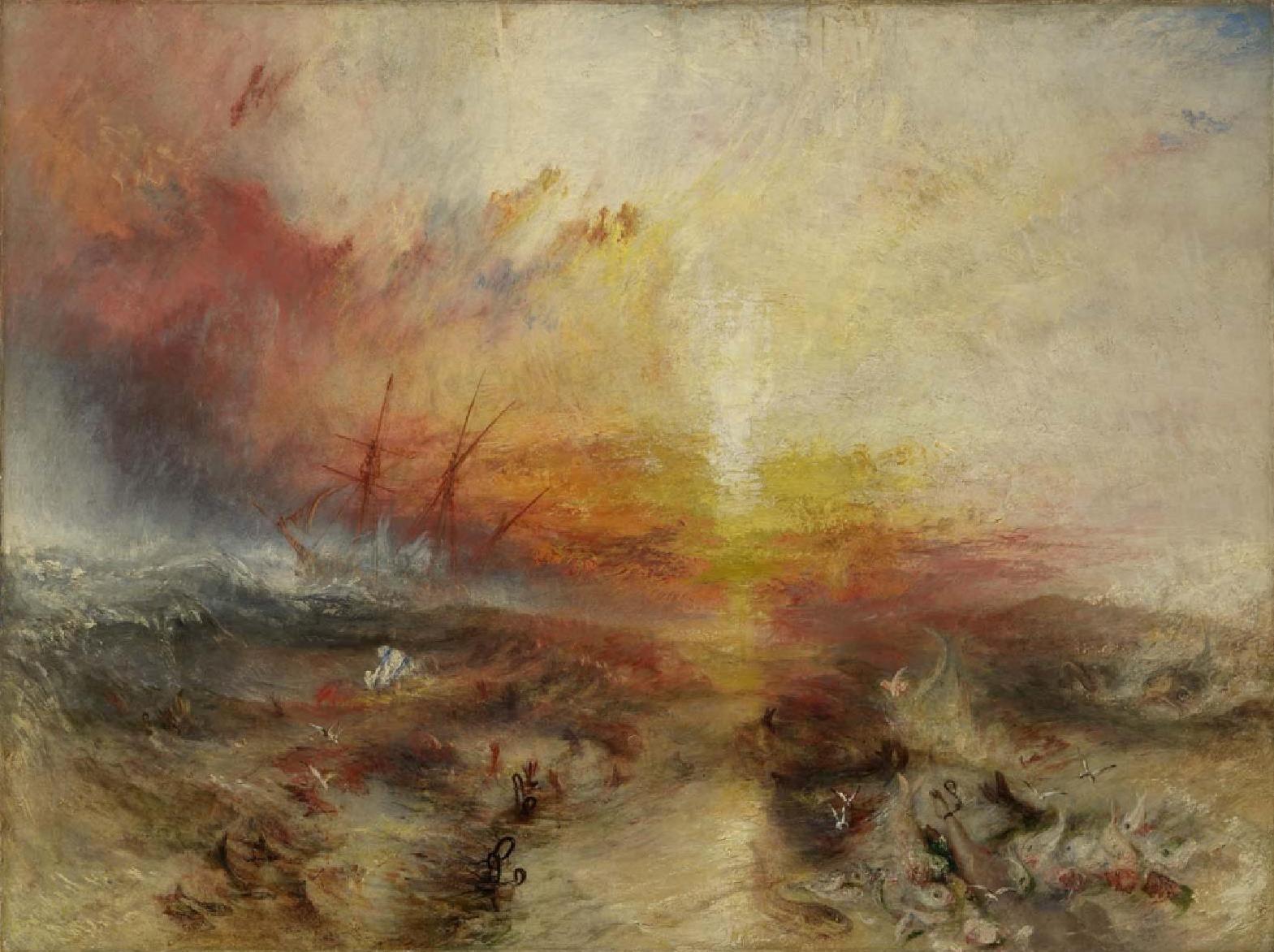 J.M.W. Turner, Δουλεμπορικό πλοίο (Δουλέμποροι πετούν στη θάλασσα νεκρούς και μισοπεθαμένους σκλάβους, ενώ πλησιάζει καταιγίδα), Museum of Fine Arts, Βοστόνη.