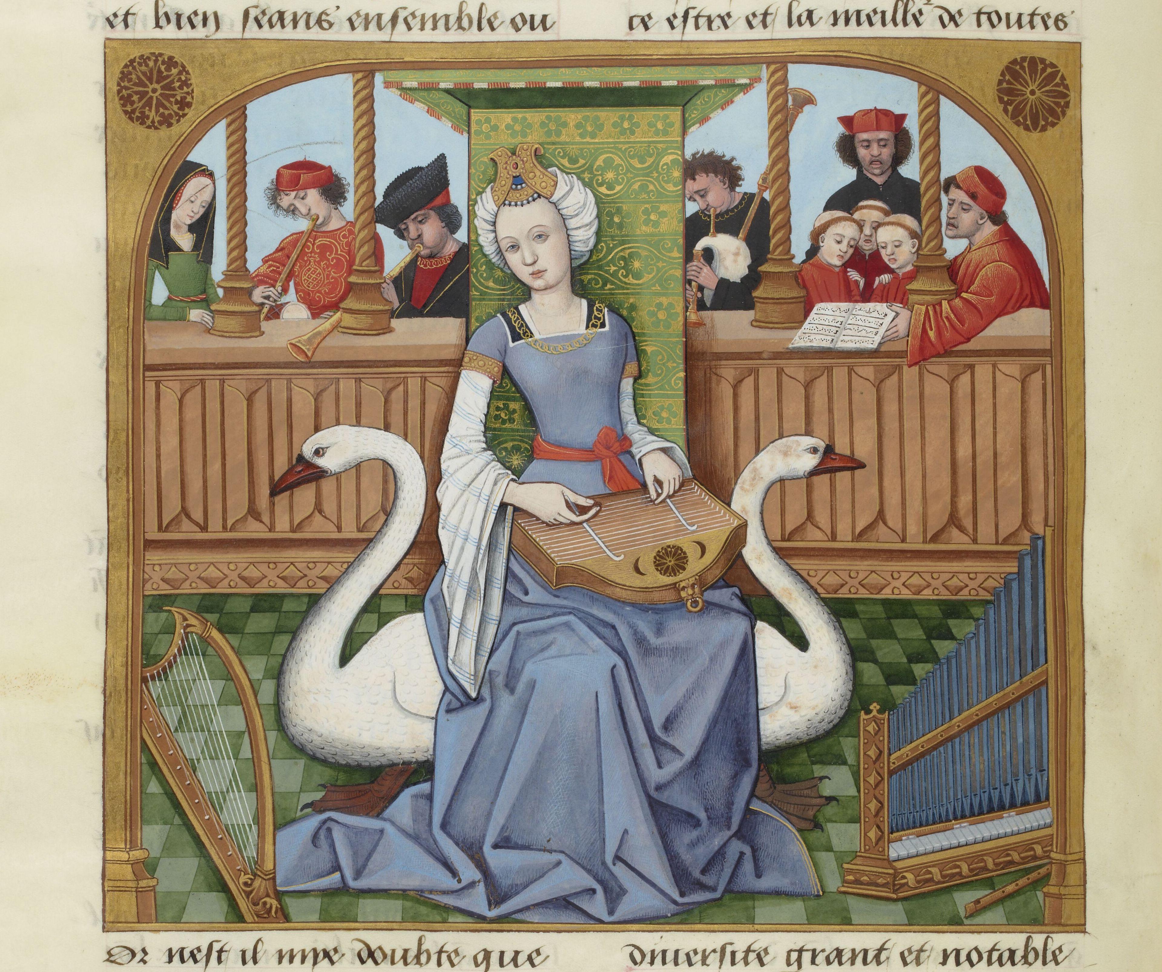 Robinet Testard, Αλληγορία της Μουσικής, Evrart de Conty, Livre des échecs amoureux moralisés, BnF MS Fr. 143, Bibliothèque nationale de France, Παρίσι.