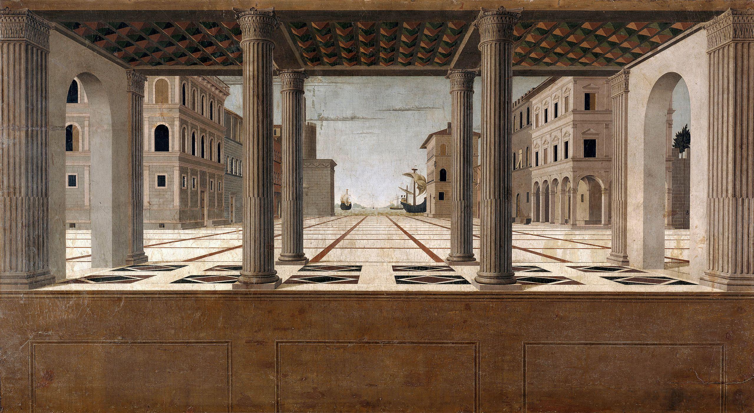 Francesco di Giorgio Martini (αποδιδόμενο έργο), Veduta / Città ideale, Gemäldegalerie, Staatliche Museen zu Berlin.