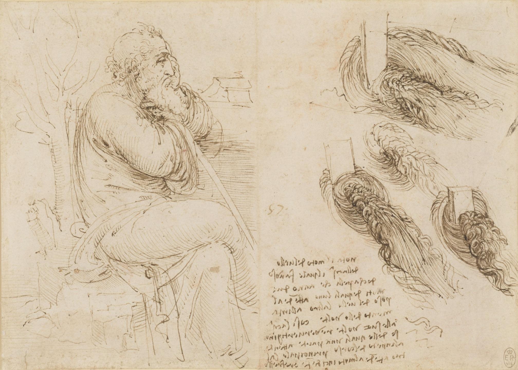Leonardo da Vinci, Καθισμένη μορφή γέρου και σπουδές ροής των υδάτων, Royal Library at Windsor Castle.