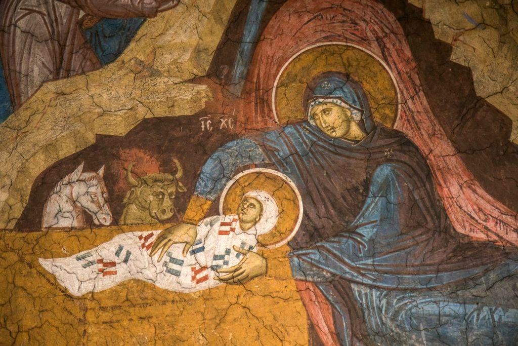 Η Γέννηση (λεπτομέρεια τοιχογραφίας), Καθολικό Μονής Παντοκράτορος και Αναλήψεως, Ντέτσανι.