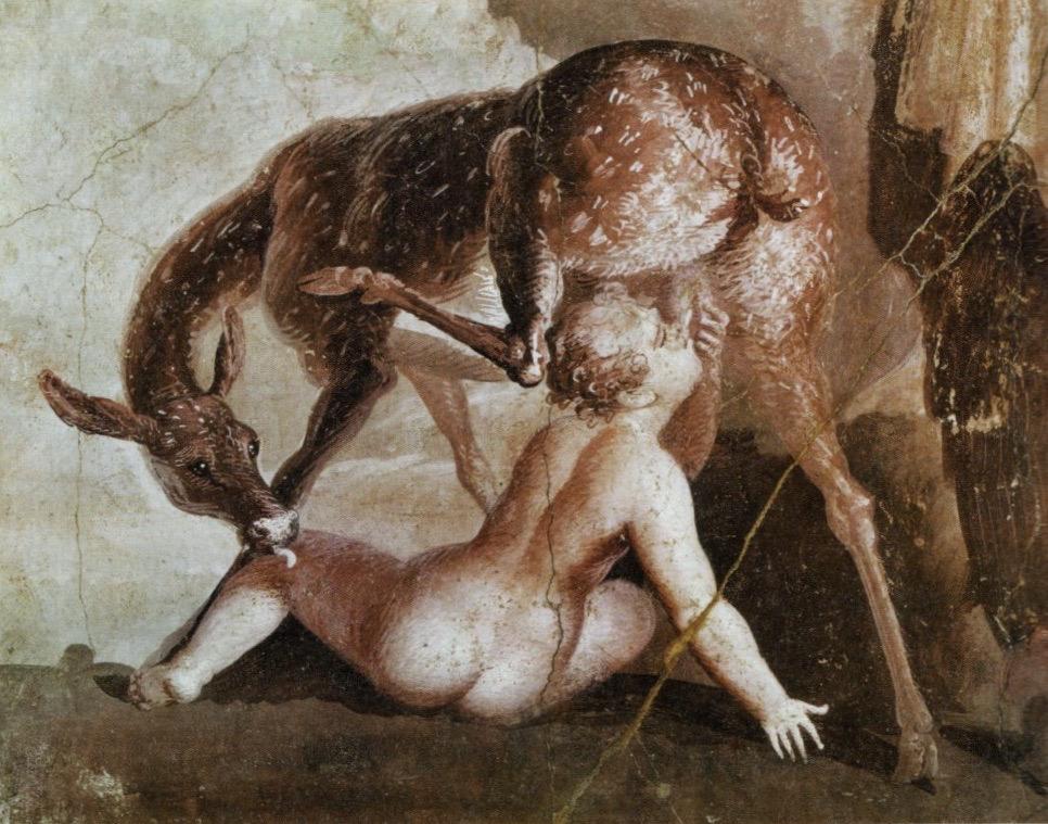 Ο Τήλεφος τρέφεται από ελαφίνα (λεπτομέρεια τοιχογραφίας από το Augusteum του Herculaneum με τον Ηρακλή και τον Τήλεφο στην Αρκαδία), Museo Archeologico Nazionale, Νάπολη.